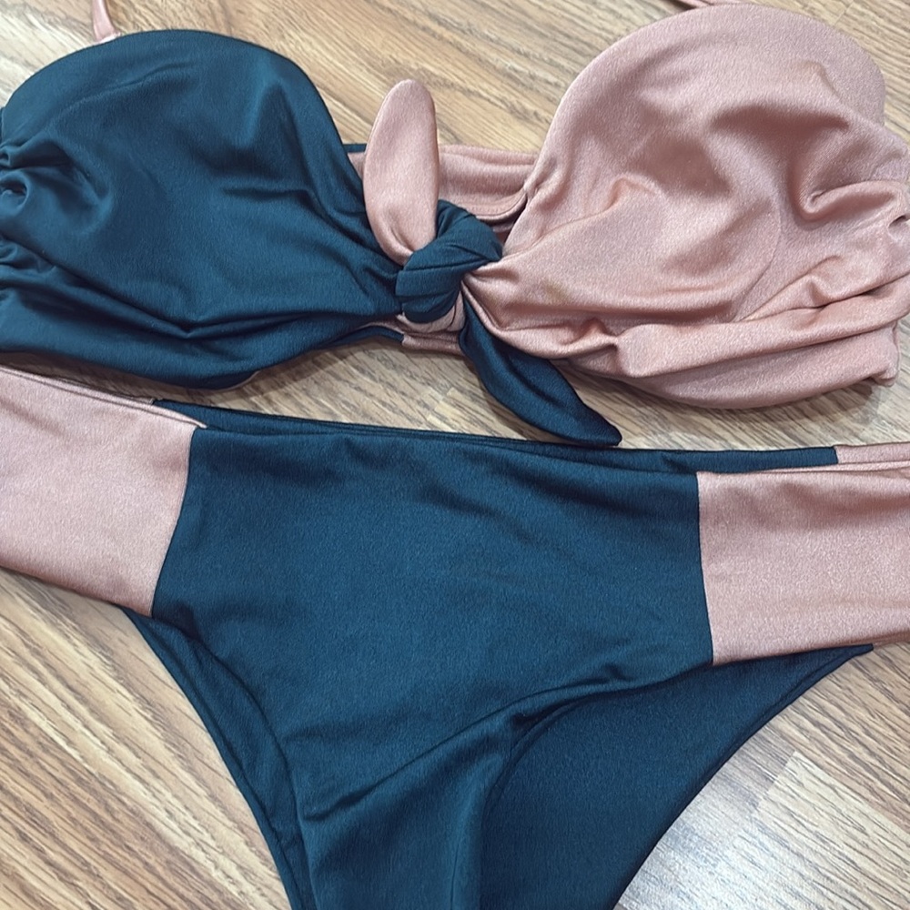 Tori Praver bandeau tie halter top mauve pink and a blue green